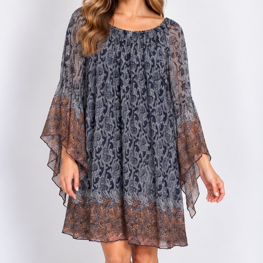 Love Ryan Medium Paisley Chiffon Dress Bell Sleeve Navy Boho Shift Mini